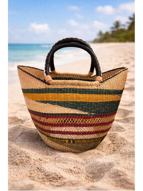 Authentic Ghana Bolga Basket Bag Handwoven Market Tote Leather Handle Large